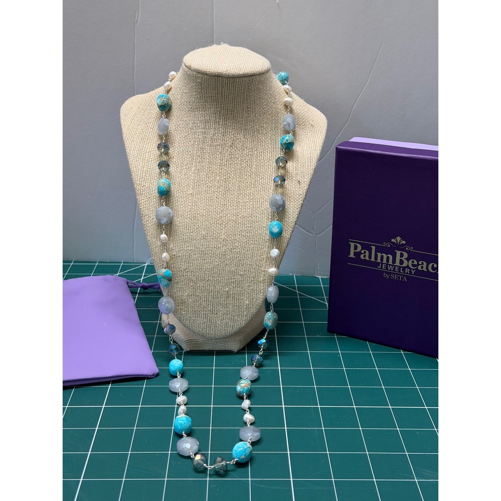 Palm Beach Jewelry SETA Blue‎ Stone White Pearl Faceted Grey Bead Long Necklace